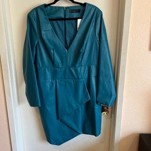 NWT Fashion To Figure Aimee Faux Leather Ruffle Detail Dress Teal Size 0 Size XL